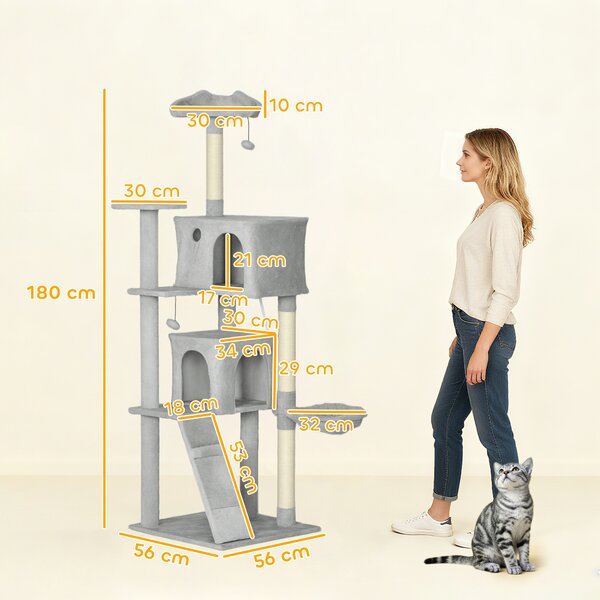 PawHut Albero tiragraffi torre gioco per gatti, piattaforme, cuccie, letto, amaca, scala e graffiatoi in sisal 56x56x180cm grigio | Aosom Italy