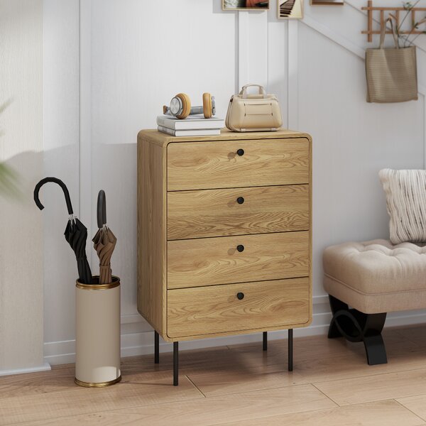 HOMCOM Cassettiera 4 cassetti, mobile contenitore stretto con piedi in acciaio, angoli arrotondati, 60 x 39 x 91,5 cm, rovere | Aosom Italy