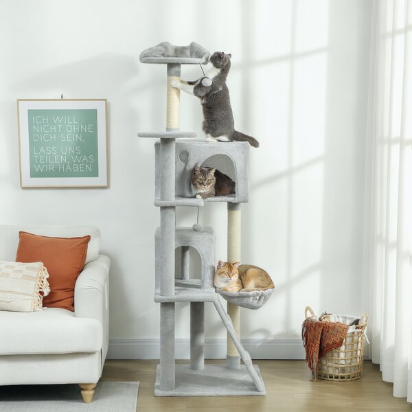 PawHut Albero tiragraffi torre gioco per gatti, piattaforme, cuccie, letto, amaca, scala e graffiatoi in sisal 56x56x180cm grigio | Aosom Italy