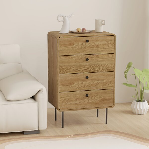 HOMCOM Cassettiera 4 cassetti, mobile contenitore stretto con piedi in acciaio, angoli arrotondati, 60 x 39 x 91,5 cm, rovere | Aosom Italy