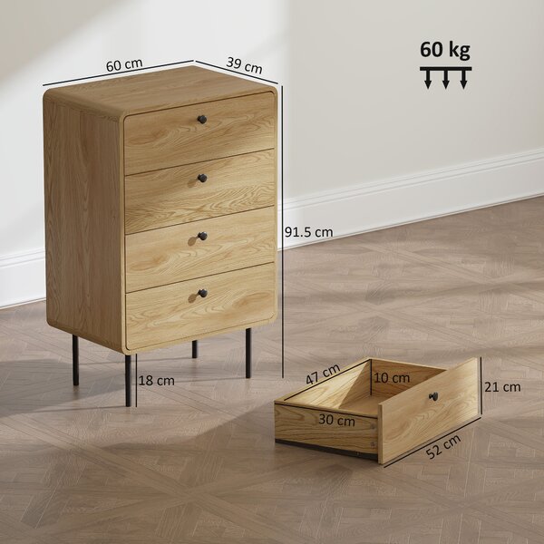 HOMCOM Cassettiera 4 cassetti, mobile contenitore stretto con piedi in acciaio, angoli arrotondati, 60 x 39 x 91,5 cm, rovere | Aosom Italy