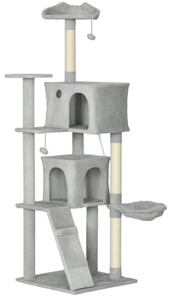 PawHut Albero tiragraffi torre gioco per gatti, piattaforme, cuccie, letto, amaca, scala e graffiatoi in sisal 56x56x180cm grigio | Aosom Italy