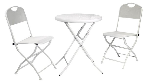 Set Salotto da Giardino Tavolino Tondo e 2 Sedie Pieghevoli in Ferro Rimini Bianco