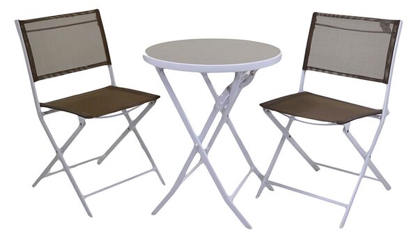 Set Salotto da Giardino Tavolino Tondo e 2 Sedie Pieghevoli in Metallo e Textilene Tortora