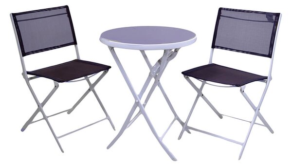 Set Salotto da Giardino Tavolino Tondo e 2 Sedie Pieghevoli in Metallo e Textilene ø66xH71cm