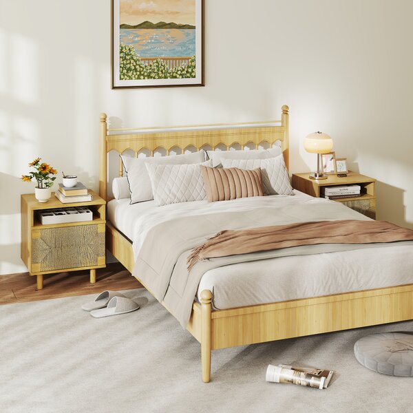HOMCOM Comodino Bohemien con Porta in Corda di Carta Ripiano Aperto Apertura a Pressione 45x39x50 cm Rovere | Aosom Italy