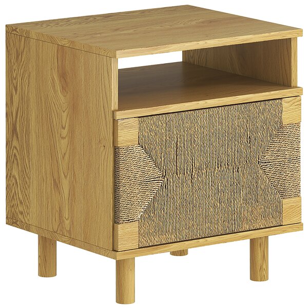 HOMCOM Comodino Bohemien con Porta in Corda di Carta Ripiano Aperto Apertura a Pressione 45x39x50 cm Rovere | Aosom Italy