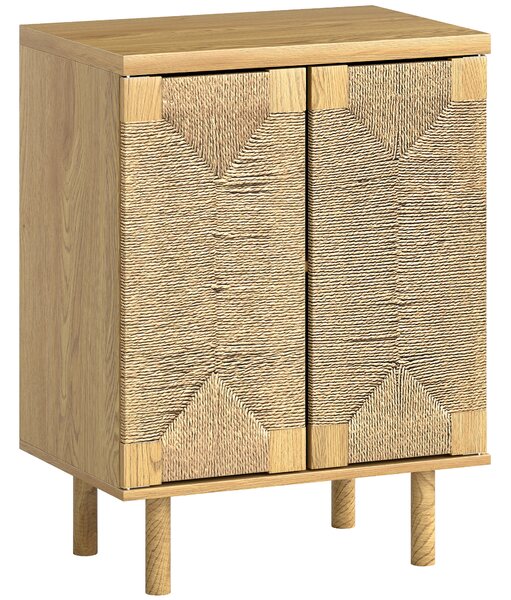 HOMCOM Credenza Bohemien a 2 Ante con Corda Intrecciata a Mano Ripiano Regolabile Apertura a Pressione Rovere 60x40x78 cm | Aosom Italy