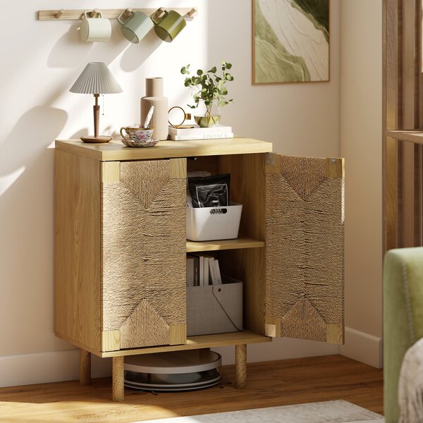 HOMCOM Credenza Bohemien a 2 Ante con Corda Intrecciata a Mano Ripiano Regolabile Apertura a Pressione Rovere 60x40x78 cm | Aosom Italy