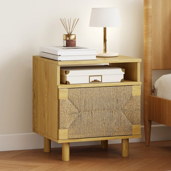 HOMCOM Comodino Bohemien con Porta in Corda di Carta Ripiano Aperto Apertura a Pressione 45x39x50 cm Rovere | Aosom Italy