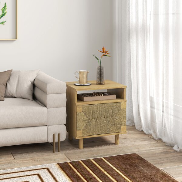 HOMCOM Comodino Bohemien con Porta in Corda di Carta Ripiano Aperto Apertura a Pressione 45x39x50 cm Rovere | Aosom Italy