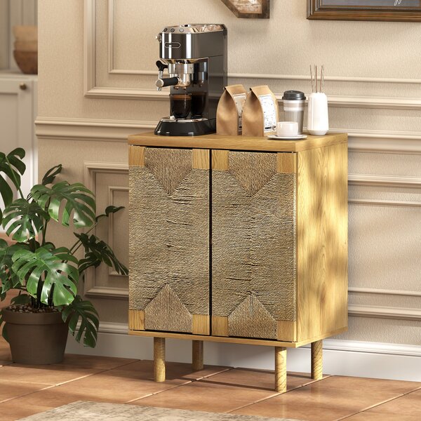 HOMCOM Credenza Bohemien a 2 Ante con Corda Intrecciata a Mano Ripiano Regolabile Apertura a Pressione Rovere 60x40x78 cm | Aosom Italy