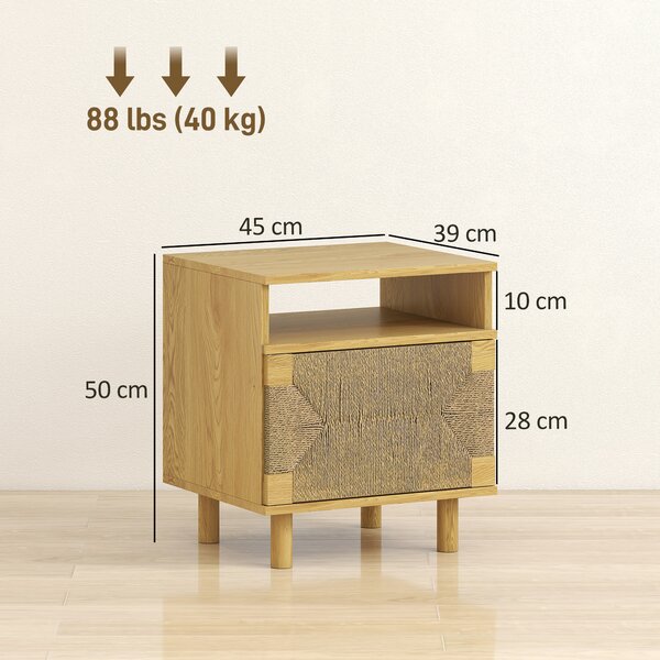 HOMCOM Comodino Bohemien con Porta in Corda di Carta Ripiano Aperto Apertura a Pressione 45x39x50 cm Rovere | Aosom Italy