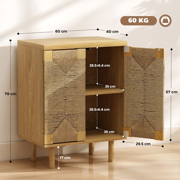 HOMCOM Credenza Bohemien a 2 Ante con Corda Intrecciata a Mano Ripiano Regolabile Apertura a Pressione Rovere 60x40x78 cm | Aosom Italy