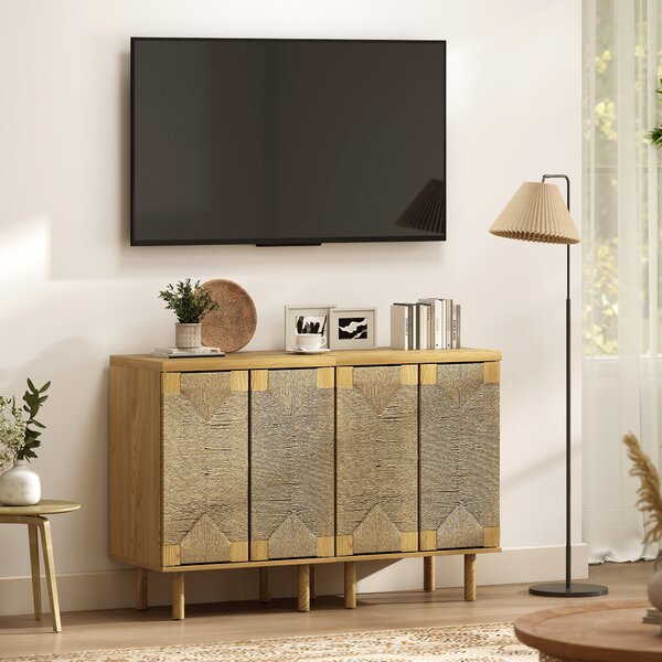 HOMCOM Credenza Bohemien a 2 Ante con Corda Intrecciata a Mano Ripiano Regolabile Apertura a Pressione Rovere 60x40x78 cm | Aosom Italy