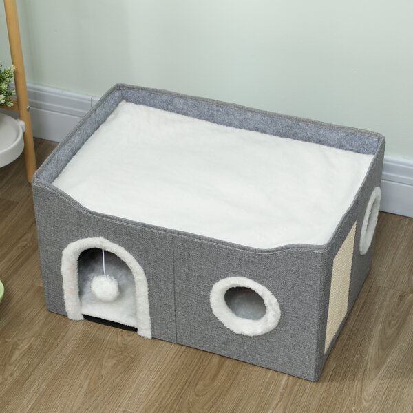 PawHut Casa per Gatti Pieghevole con Tiragraffi 3 Ingressi Pallina Sospesa Cuscino Reversibile in Pile e Tessuto Effetto Lino 60x40X34 cm Grigio | Aosom Italy
