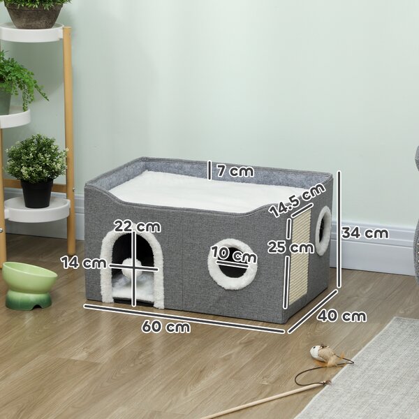 PawHut Casa per Gatti Pieghevole con Tiragraffi 3 Ingressi Pallina Sospesa Cuscino Reversibile in Pile e Tessuto Effetto Lino 60x40X34 cm Grigio | Aosom Italy