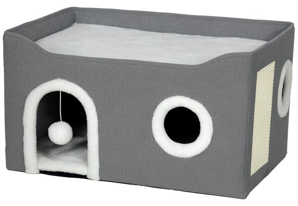 PawHut Casa per Gatti Pieghevole con Tiragraffi 3 Ingressi Pallina Sospesa Cuscino Reversibile in Pile e Tessuto Effetto Lino 60x40X34 cm Grigio | Aosom Italy