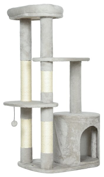 PawHut Tiragraffi 114 cm Torre per gatti con cuccia, pali in sisal, piattaforme, multistrato per gatti di taglia media fino a 6 kg, Grigio chiaro | Aosom Italy