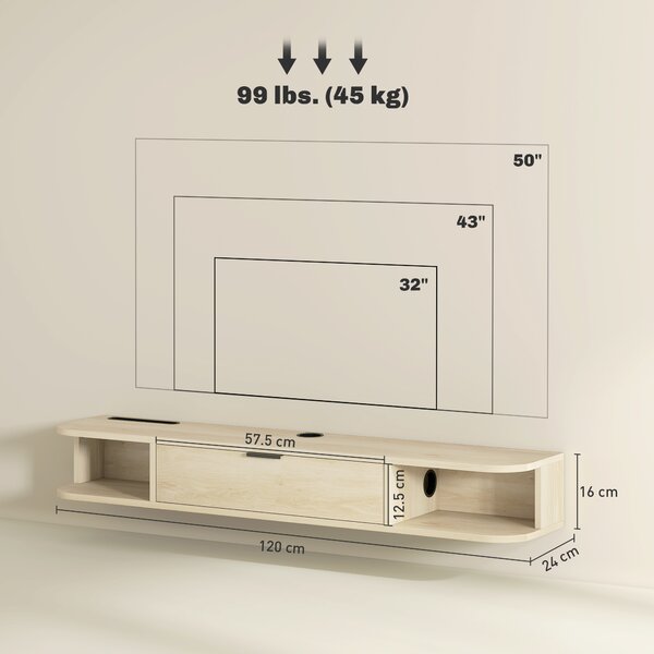 HOMCOM Mobile TV sospeso con cassetto ribaltabile 2 ripiani aperti gestione cavi 120x24x16 cm Legno naturale | Aosom Italy