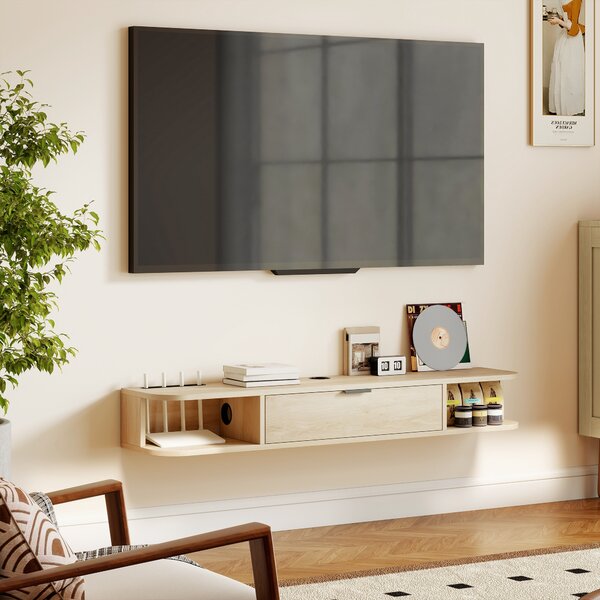 HOMCOM Mobile TV sospeso con cassetto ribaltabile 2 ripiani aperti gestione cavi 120x24x16 cm Legno naturale | Aosom Italy