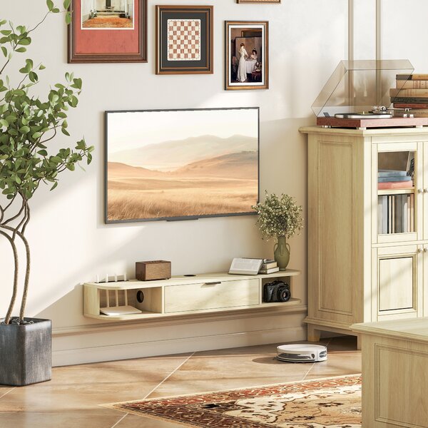 HOMCOM Mobile TV sospeso con cassetto ribaltabile 2 ripiani aperti gestione cavi 120x24x16 cm Legno naturale | Aosom Italy