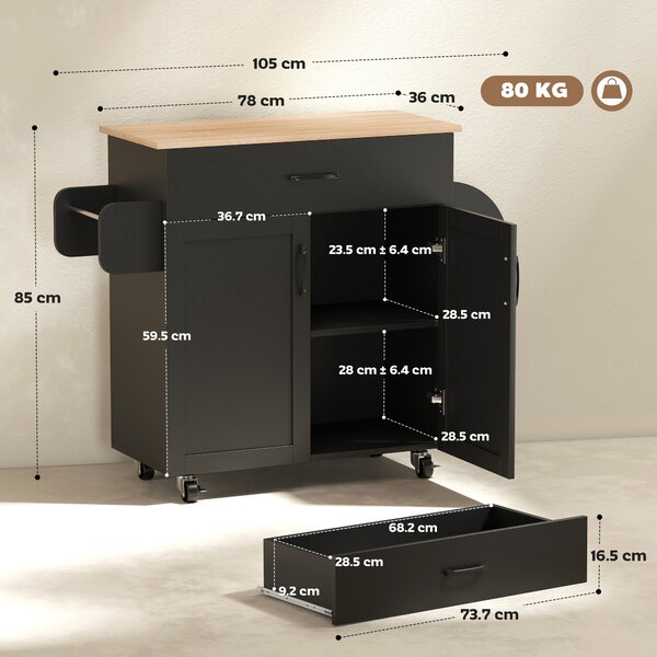 HOMCOM Carrello/isola da cucina multi-scomparti cassetti mobile 2 ante con ripiano regolabile 105 x 36 x 85 cm nero | Aosom Italy