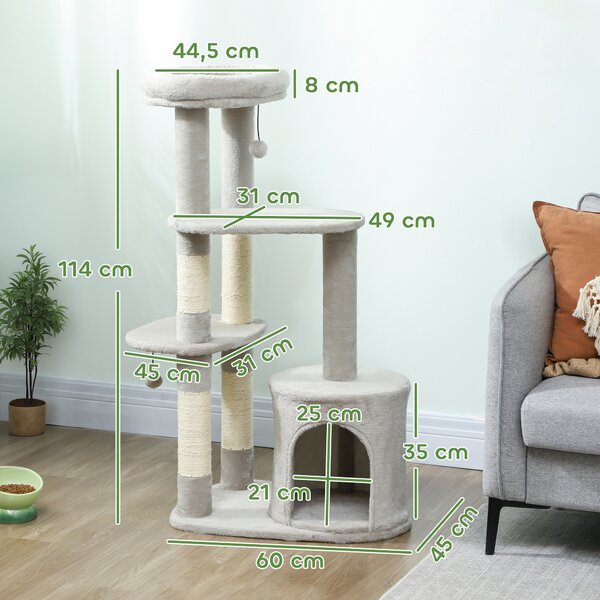 PawHut Tiragraffi 114 cm Torre per gatti con cuccia, pali in sisal, piattaforme, multistrato per gatti di taglia media fino a 6 kg, Grigio chiaro | Aosom Italy