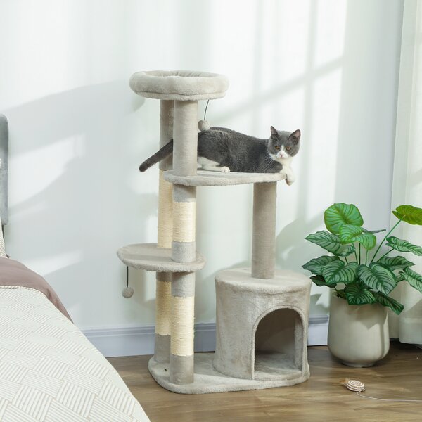 PawHut Tiragraffi 114 cm Torre per gatti con cuccia, pali in sisal, piattaforme, multistrato per gatti di taglia media fino a 6 kg, Grigio chiaro | Aosom Italy