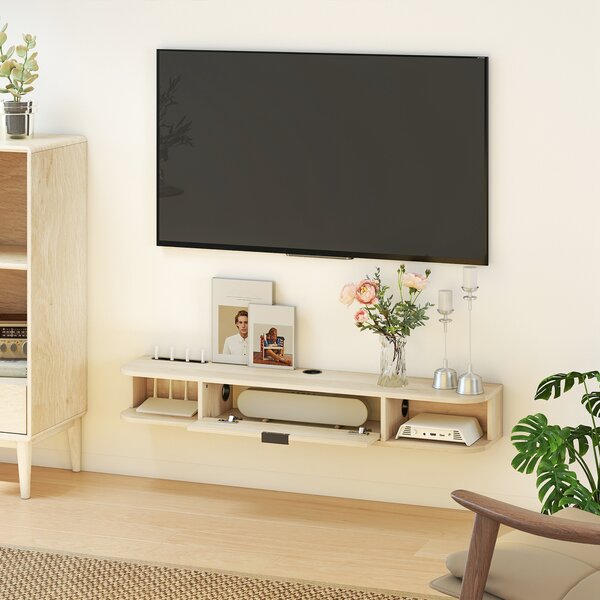 HOMCOM Mobile TV sospeso con cassetto ribaltabile 2 ripiani aperti gestione cavi 120x24x16 cm Legno naturale | Aosom Italy