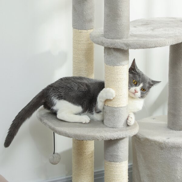 PawHut Tiragraffi 114 cm Torre per gatti con cuccia, pali in sisal, piattaforme, multistrato per gatti di taglia media fino a 6 kg, Grigio chiaro | Aosom Italy
