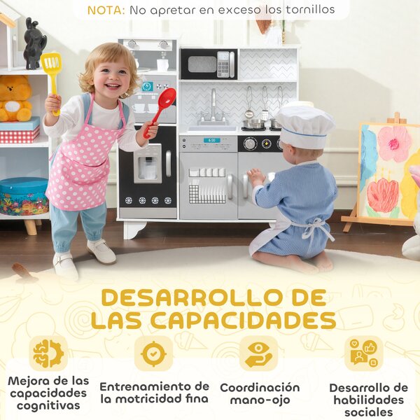 AIYAPLAY Cucina Giocattolo in Legno con Suoni Accessori in Acciaio Inossidabile per Bambini a Partire da 3 Anni Bianco | Aosom Italy