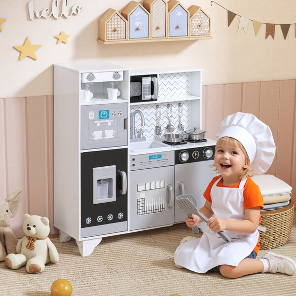 AIYAPLAY Cucina Giocattolo in Legno con Suoni Accessori in Acciaio Inossidabile per Bambini a Partire da 3 Anni Bianco | Aosom Italy