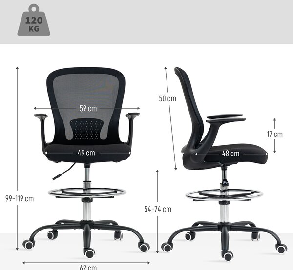 HOMCOM Sedia da ufficio ergonomica con poggiapiedi regolabile e braccioli ribaltabili, altezza regolabile, 59x62x99-119cm, nero | Aosom Italy