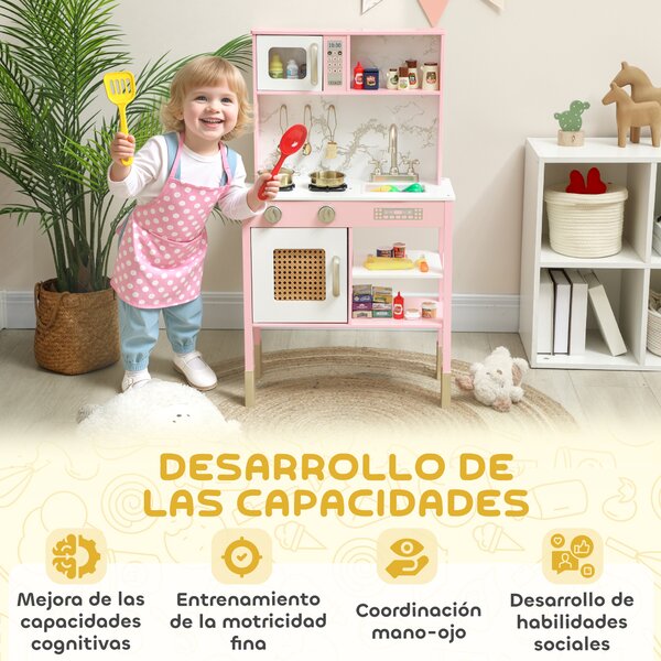 AIYAPLAY Cucina Giocattolo in Legno con Suoni con Accessori in Acciaio Inox Verdure da Tagliare Rosa | Aosom Italy