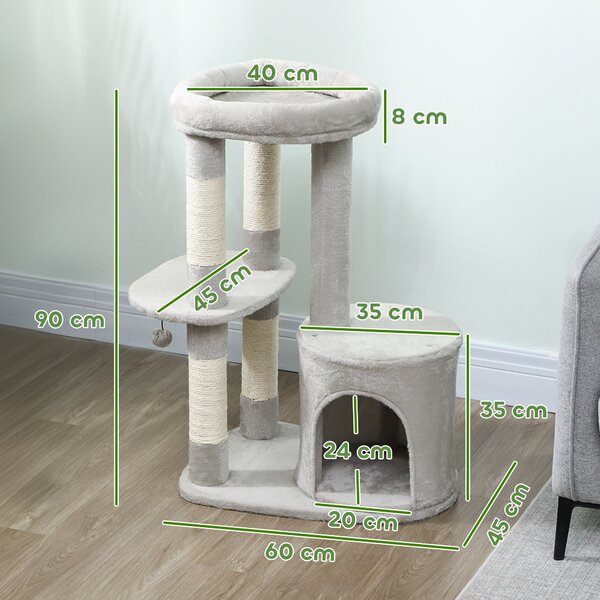 PawHut Tiragraffi torre giochi per gatti con grattatoi, piattaforma, cuccia, pallina, tessuto in peluche, 60 x 45 x 90 cm, grigio chiaro | Aosom Italy