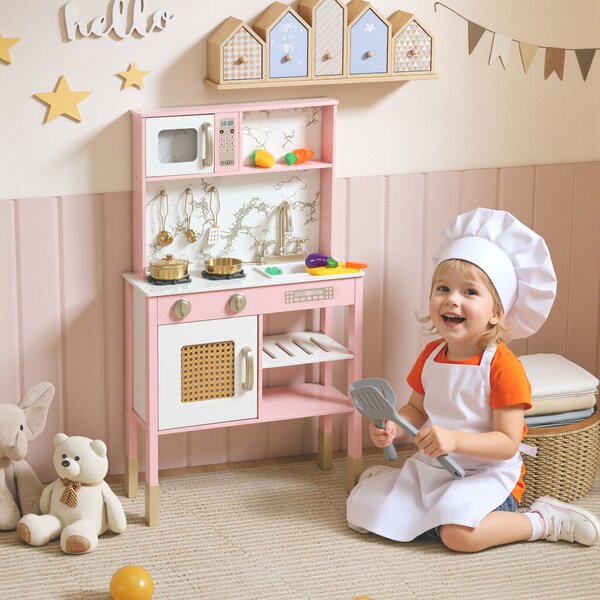 AIYAPLAY Cucina Giocattolo in Legno con Suoni con Accessori in Acciaio Inox Verdure da Tagliare Rosa | Aosom Italy