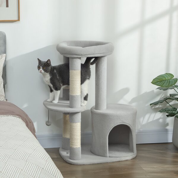 PawHut Tiragraffi torre giochi per gatti con grattatoi, piattaforma, cuccia, pallina, tessuto in peluche, 60 x 45 x 90 cm, grigio chiaro | Aosom Italy