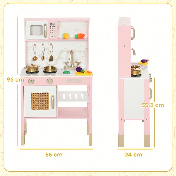 AIYAPLAY Cucina Giocattolo in Legno con Suoni con Accessori in Acciaio Inox Verdure da Tagliare Rosa | Aosom Italy