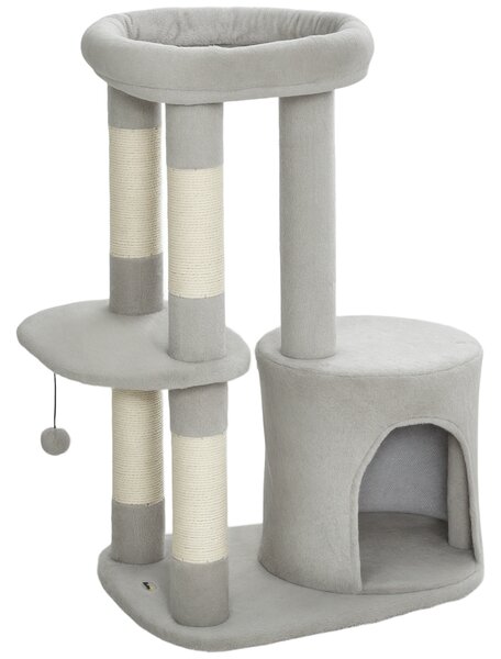 PawHut Tiragraffi torre giochi per gatti con grattatoi, piattaforma, cuccia, pallina, tessuto in peluche, 60 x 45 x 90 cm, grigio chiaro | Aosom Italy