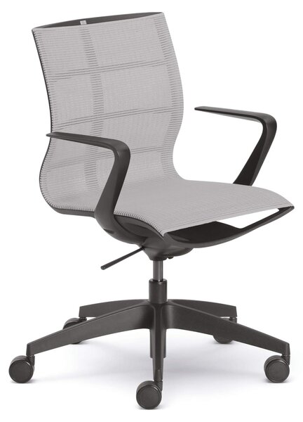 Sedia girevole con braccioli, rivestita in tessuto a maglia, color grigio chiaro/nero, dimensioni 86x78x99 cm