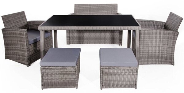 Set Salotto da Giardino Divano Poltone Tavolo e 2 Pouf in Polyrattan Bertozzi Ambra Grigio