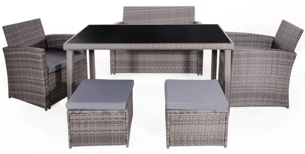 Set Salotto da Giardino Divano Poltone Tavolo e 2 Pouf in Polyrattan Bertozzi Ambra Grigio