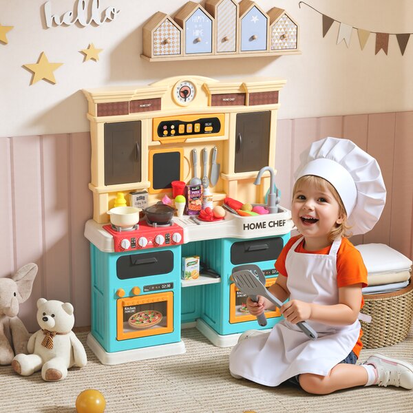AIYAPLAY Cucina giocattolo con acqua corrente, 85 accessori, rubinetto elettrico, luci, suoni, per bambini 3-6 anni, plastica, Verde | Aosom Italy