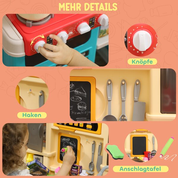 AIYAPLAY Cucina giocattolo con acqua corrente, 85 accessori, rubinetto elettrico, luci, suoni, per bambini 3-6 anni, plastica, Verde | Aosom Italy