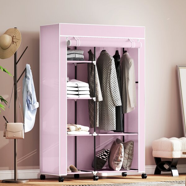 HOMCOM Armadio in Tessuto con Ruote Guardaroba Portatile con 6 Ripiani e 1 Asta per Appendere per Camera da Letto 103x43x162,5cm Rosa | Aosom Italy