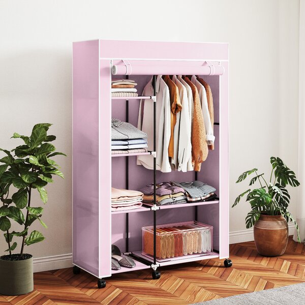 HOMCOM Armadio in Tessuto con Ruote Guardaroba Portatile con 6 Ripiani e 1 Asta per Appendere per Camera da Letto 103x43x162,5cm Rosa | Aosom Italy