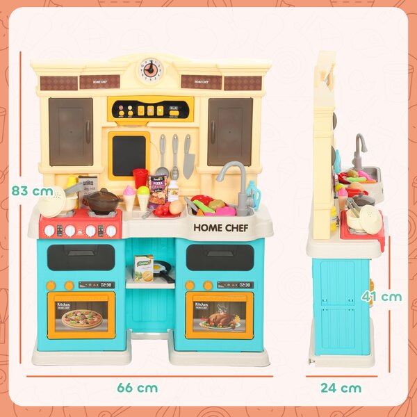 AIYAPLAY Cucina giocattolo con acqua corrente, 85 accessori, rubinetto elettrico, luci, suoni, per bambini 3-6 anni, plastica, Verde | Aosom Italy