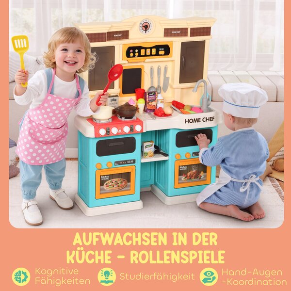 AIYAPLAY Cucina giocattolo con acqua corrente, 85 accessori, rubinetto elettrico, luci, suoni, per bambini 3-6 anni, plastica, Verde | Aosom Italy