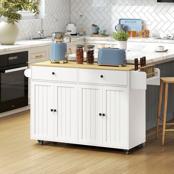 HOMCOM Isola da cucina su ruote, 2 cassetti, 2 armadi, spostabile, ripiano per spezie, porta asciugamani, porta coltelli, MDF, Bianco | Aosom Italy